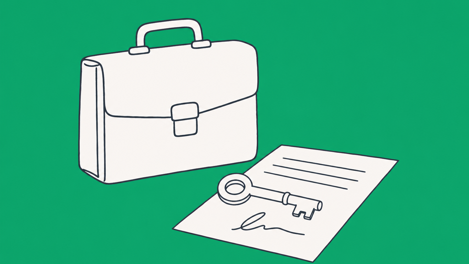 Flat illustration of a briefcase, key, and signed document connected by solid and dotted paths to represent authority under California agency law.