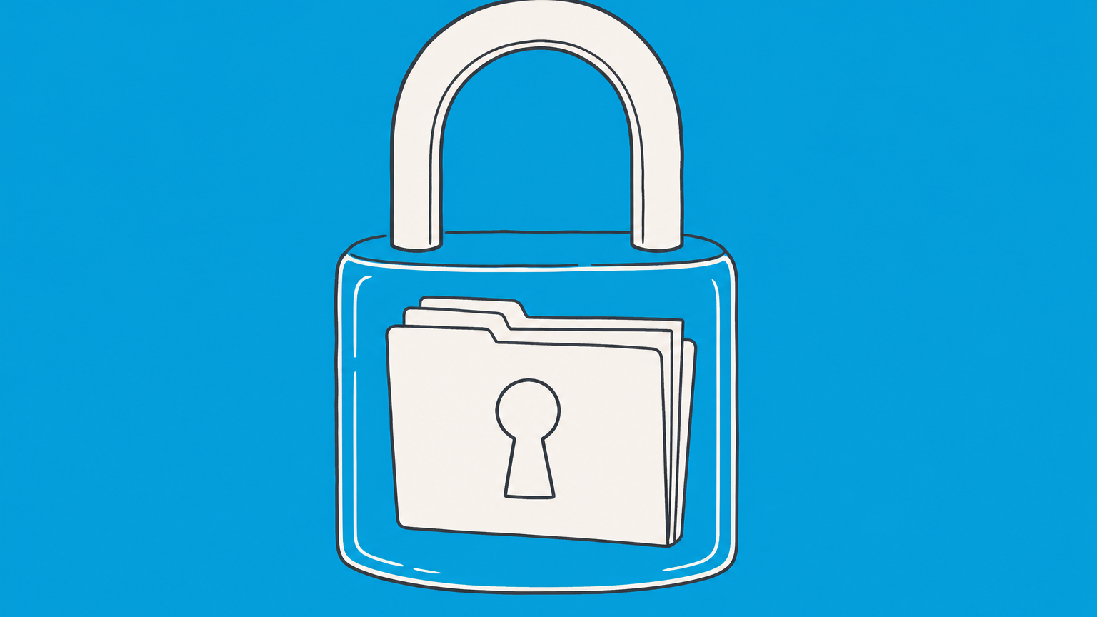 Flat illustration of an office file folder in a cracked transparent lock representing a breach of confidentiality at work.