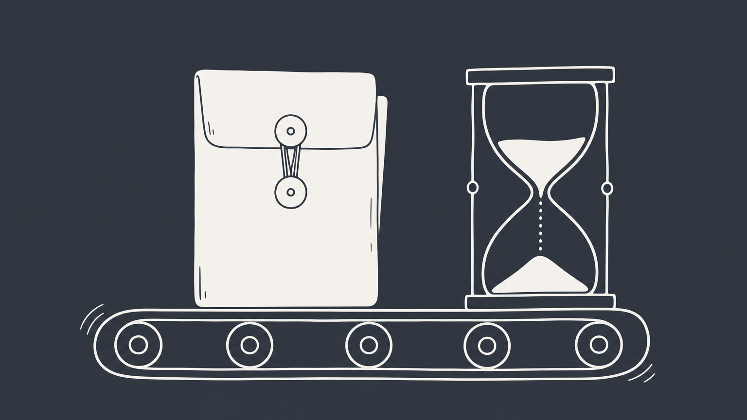 Flat illustration of a sealed application folder moving through checkpoints beside an hourglass to represent I-601 waiver processing time.