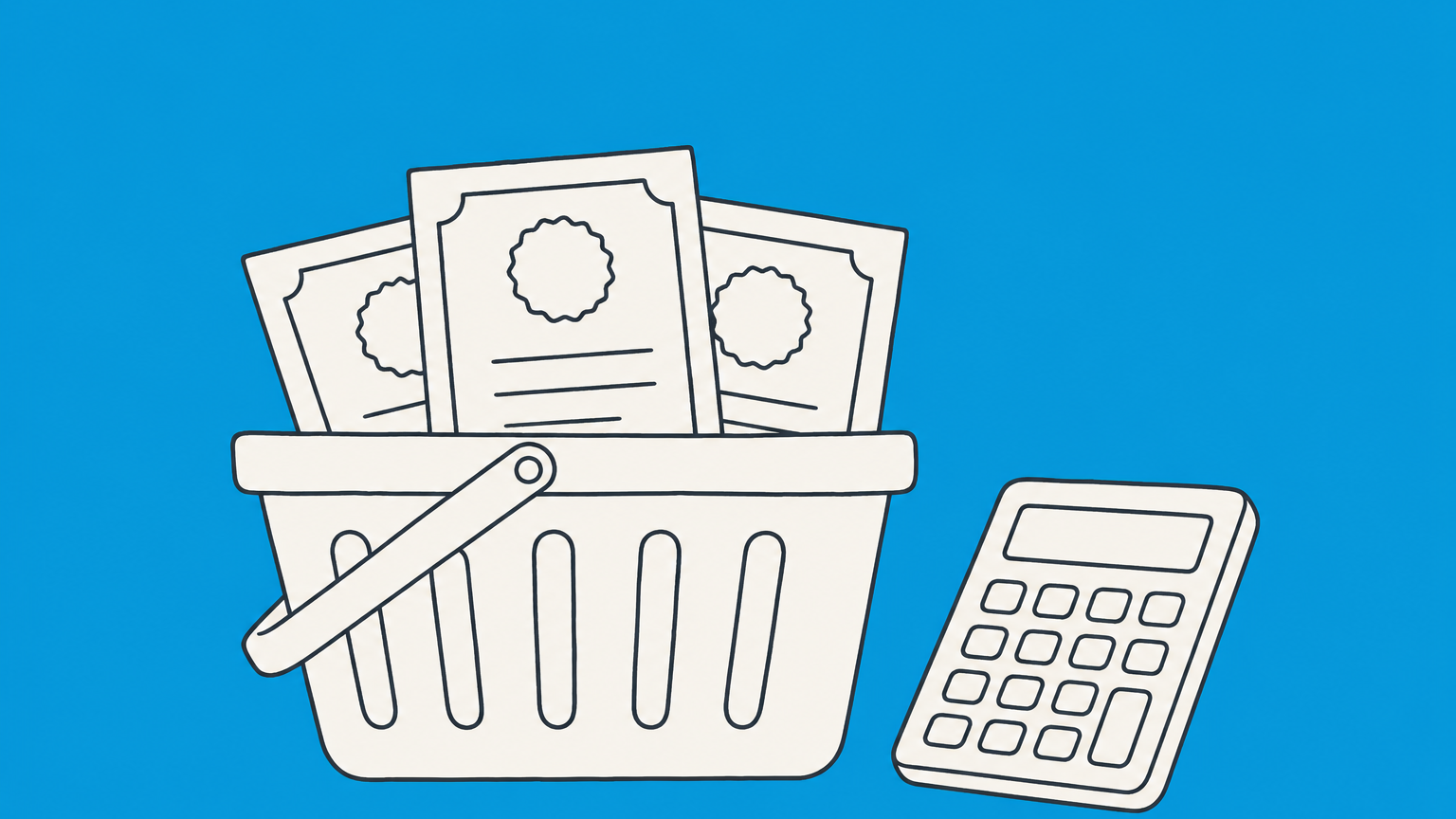 Flat illustration of share certificates, a calculator, and a market gate representing how many Yelaszo Bank shares an investor can buy.