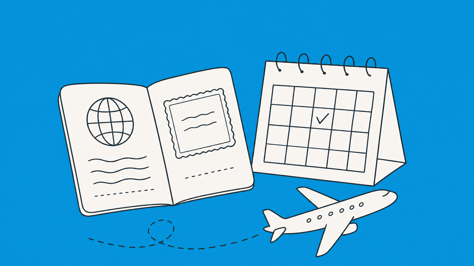 Flat illustration of a passport-style booklet, calendar, fingerprint card, and airplane representing the reentry permit processing timeline.