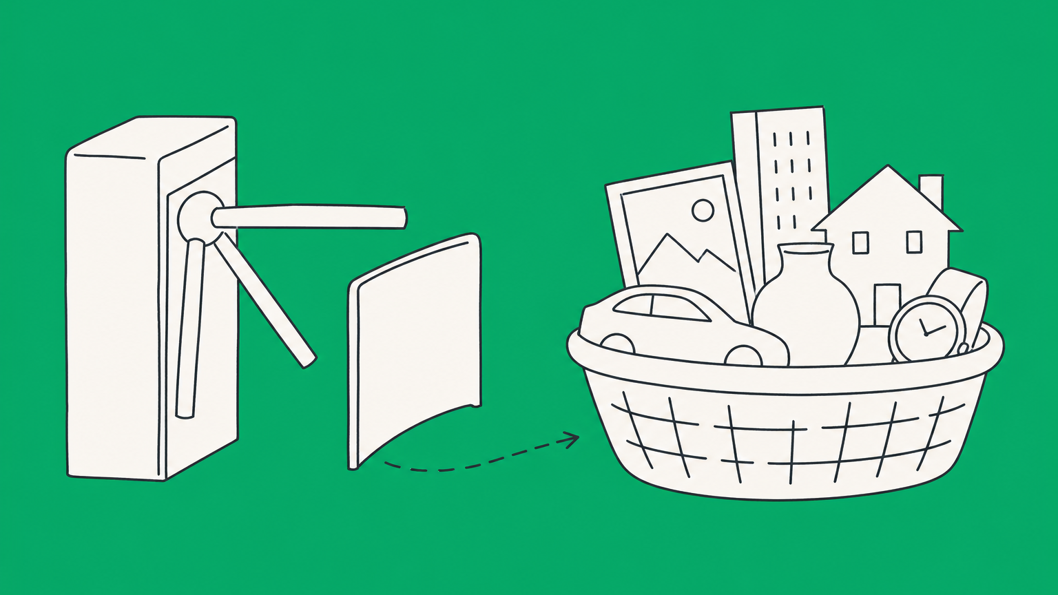 Flat illustration of an open turnstile leading to several investment paths, representing alternative investments for non-accredited investors.