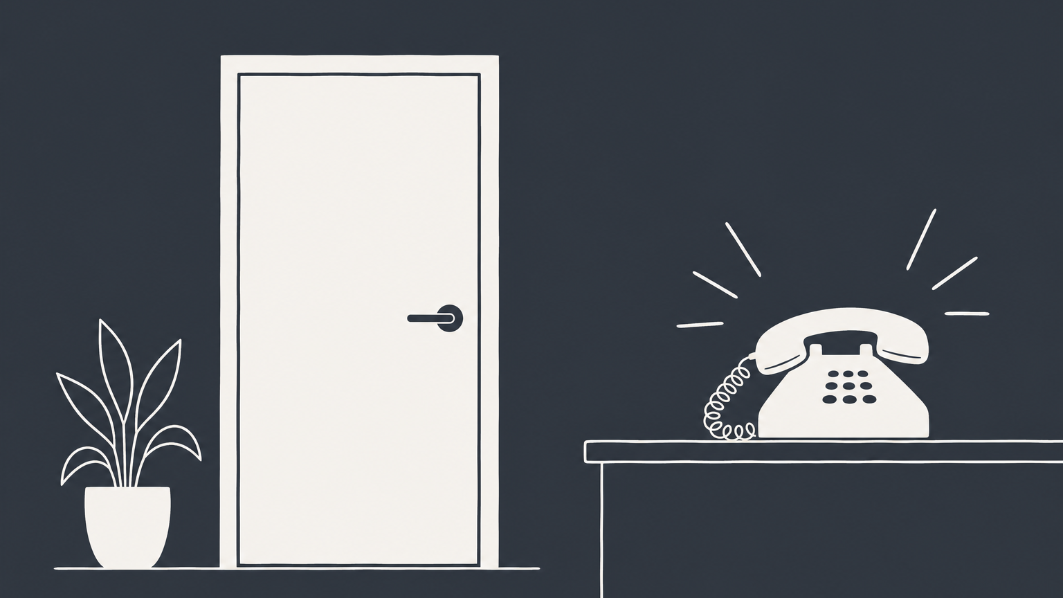 Flat illustration of a closed office door, glowing telephone, and calendar representing whether law offices are open today.