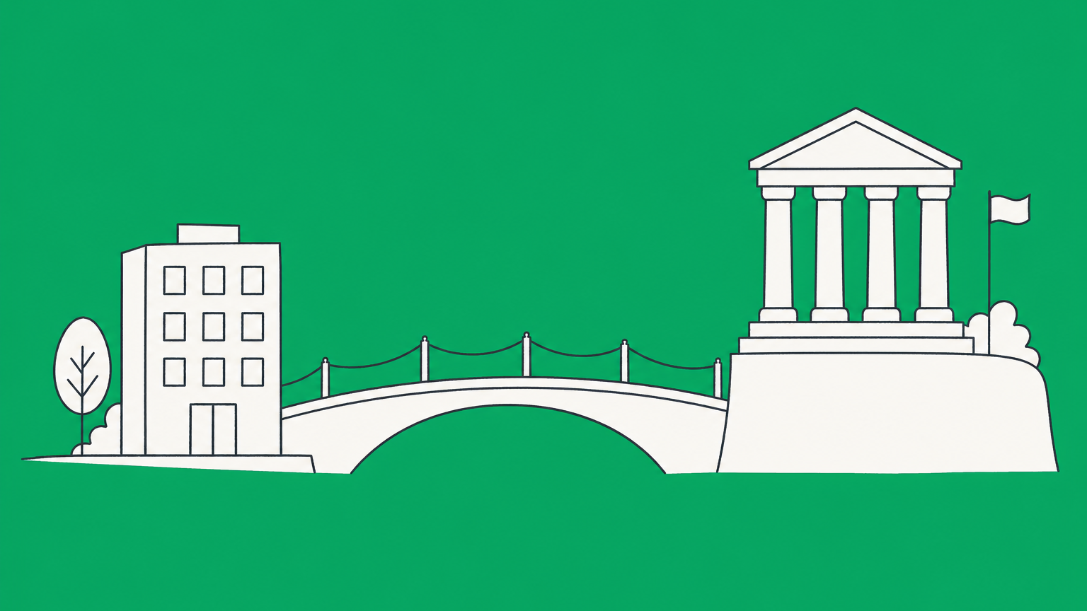 Flat illustration of a private company crossing a compliance checkpoint toward a public market, representing how a company can go public.