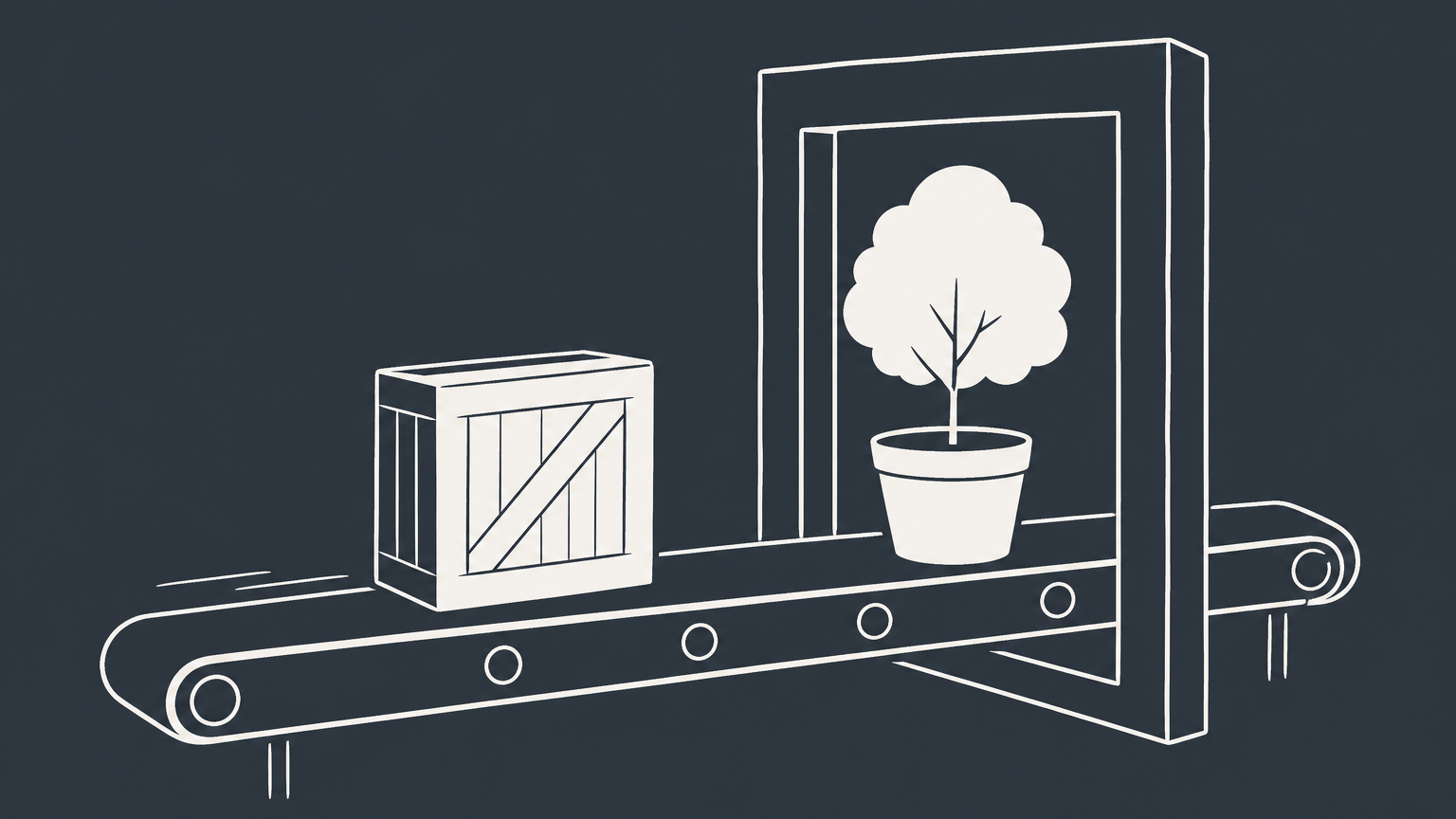 Flat illustration of movable items passing through a sorting frame while real property and money remain outside, representing the UCC 2-105 definition of goods.