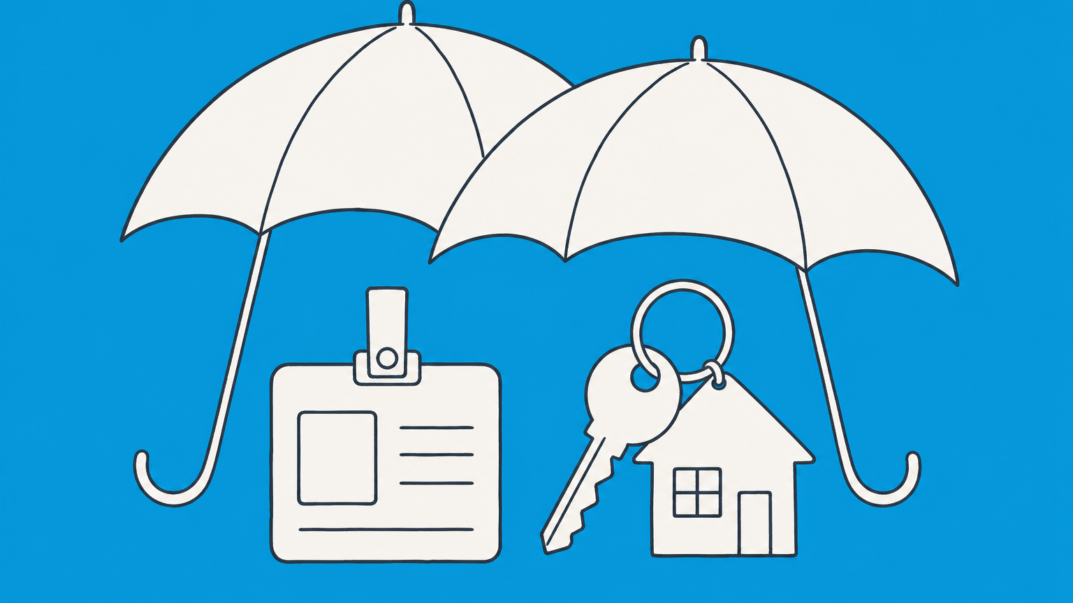 Flat illustration of two overlapping protective canopies above an office badge and house key representing sexual orientation protected-class laws.