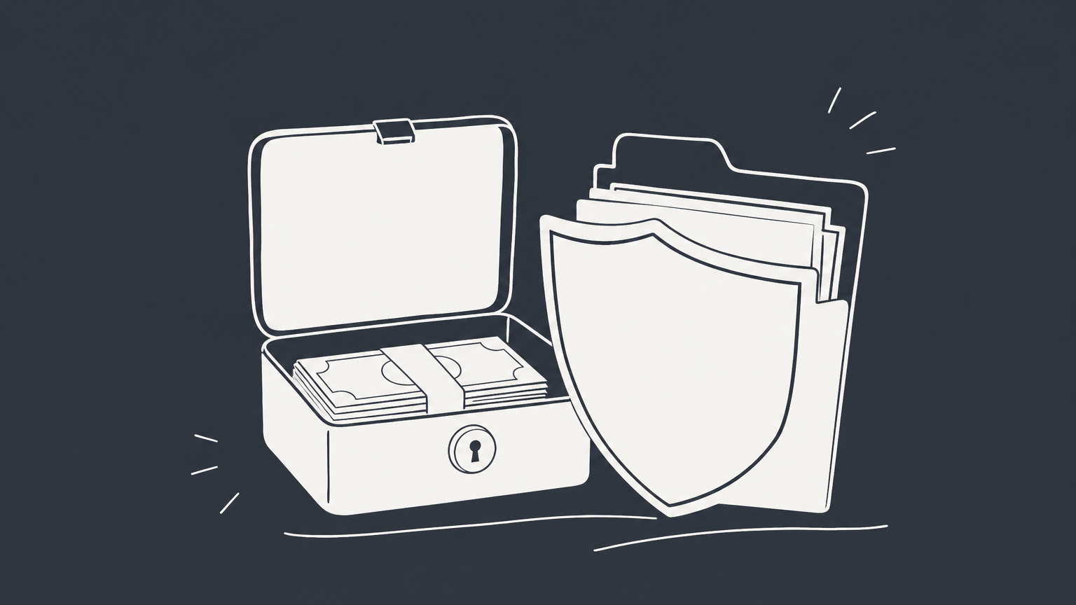 Flat illustration of a cash box beside a shield-shaped filing folder comparing an LLC vs. sole proprietorship.