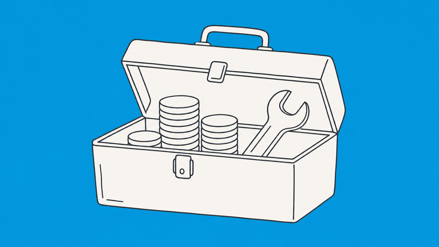 Flat illustration of a two-compartment toolbox with coins and a repaired chain link representing the remedy definition and different forms of legal relief.