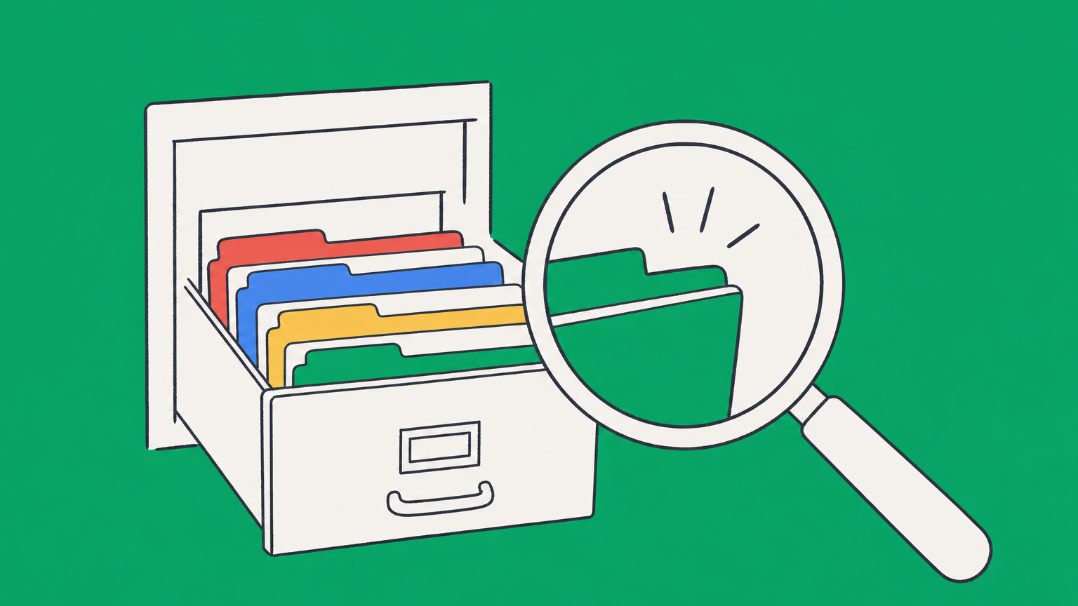Flat illustration of a magnifying glass selecting a company folder from a filing cabinet for a Michigan Secretary of State business search.