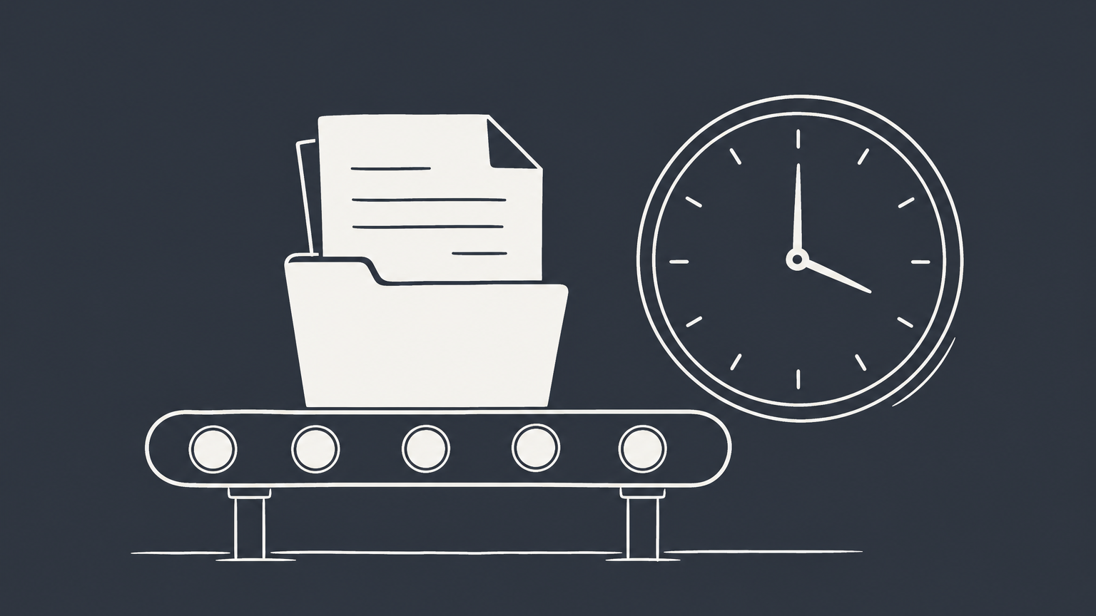 Flat illustration of an LLC formation packet moving along processing lanes toward an approved folder beside a clock.