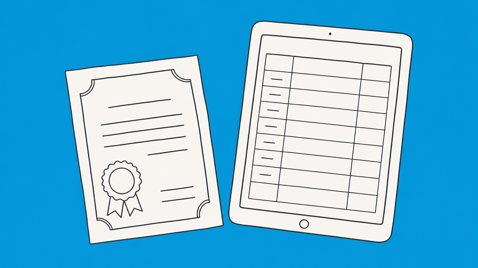 Flat illustration of a paper certificate connected to a digital ownership ledger representing a stock certificate and modern stock ownership records.