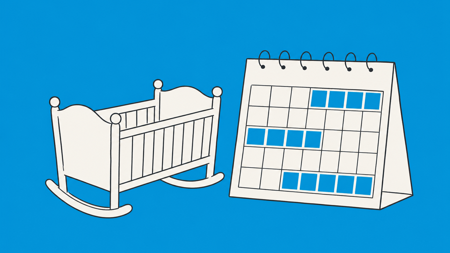 Flat illustration of a cradle, interlocking calendar tiles, an umbrella, and a coin representing maternity leave in New York.