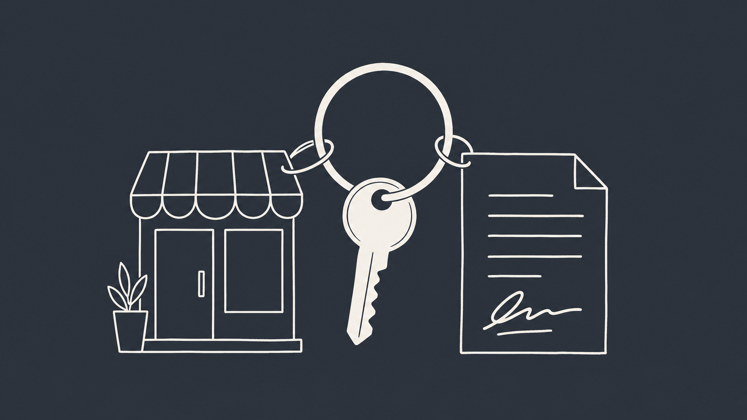 Flat illustration of a key ring connecting a key, storefront door, and signed document to represent an agent and agency relationship.