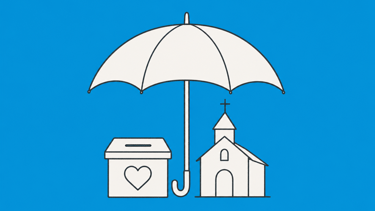 Flat illustration of a donation box and church beneath a parenthesis-shaped umbrella representing 501(c)(3) status.