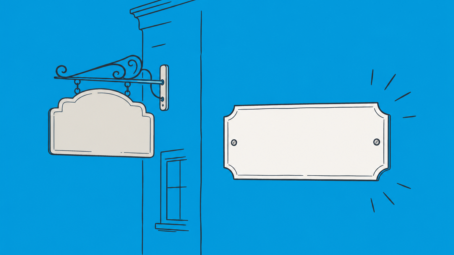 Flat illustration of a dimmed storefront sign, an open registry folder, and a blank nameplate representing reuse of an inactive LLC name.