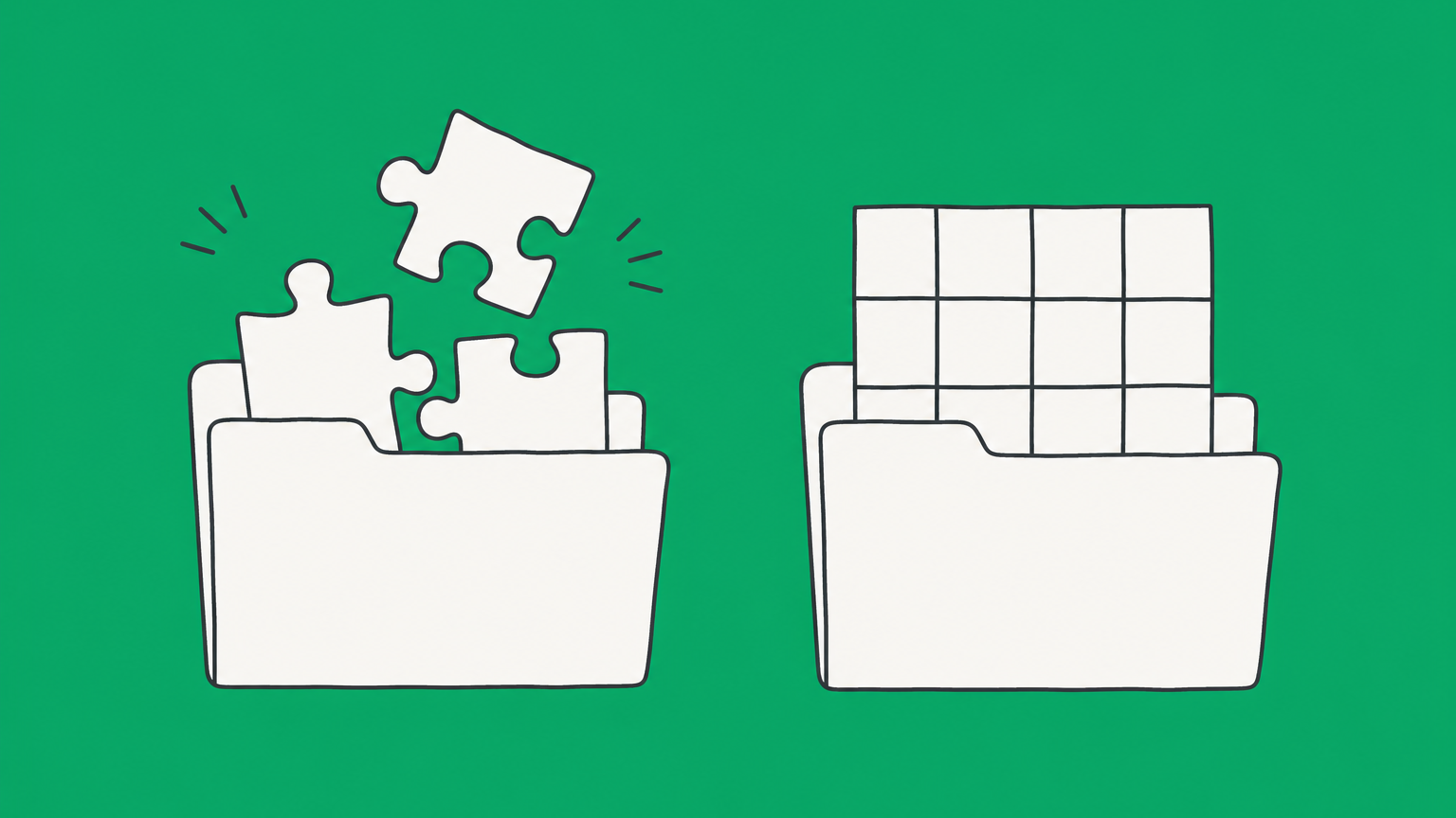 Flat illustration of two branching filing folders representing the difference between LLC and Inc. business structures.