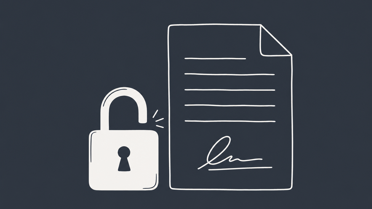 Flat illustration of an unlocked padlock beside a signed document representing waiver meaning in law and contracts.