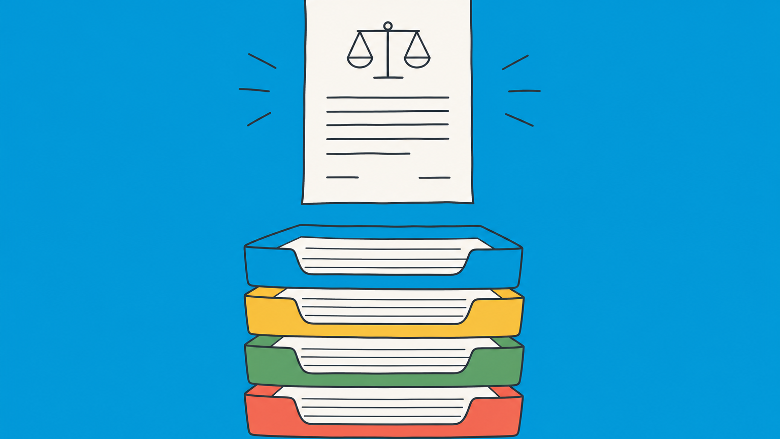 Flat illustration of a court document branching into categorized trays to represent the different types of judgement in civil law.