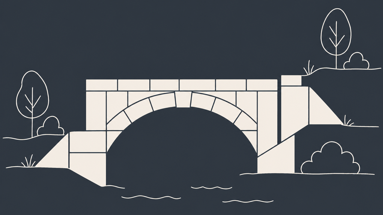 Flat illustration of a level tiled bridge connecting uneven riverbanks to represent justice and fairness under law.