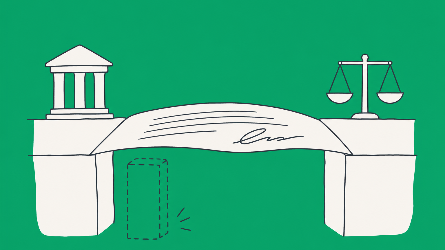 Flat illustration of a signed document bridging a broken gap to represent failure to comply with a mediation agreement.