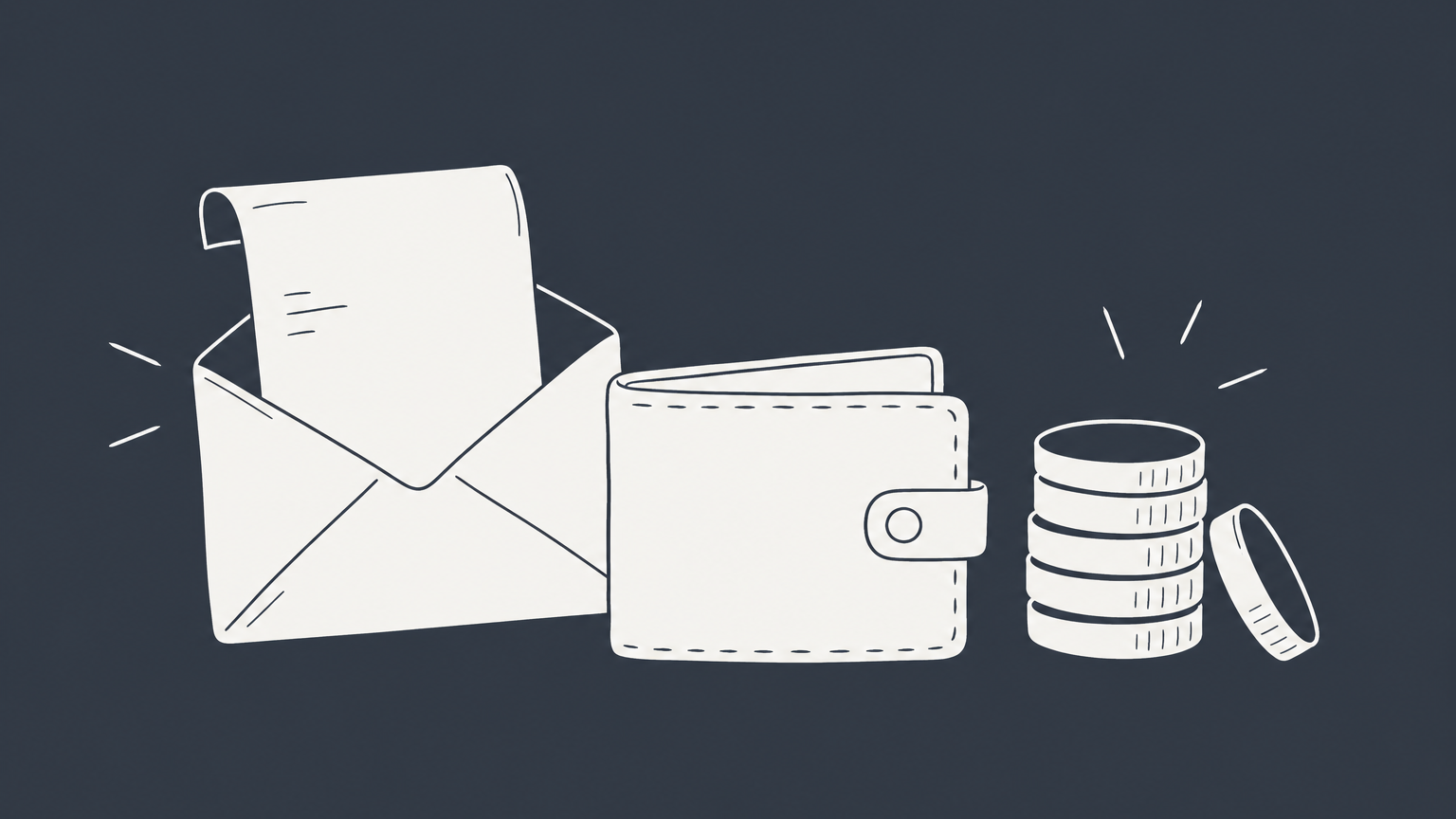 Flat illustration of a business wallet branching toward a payroll envelope and owner distribution coins to represent employee status and payment options for an LLC owner.
