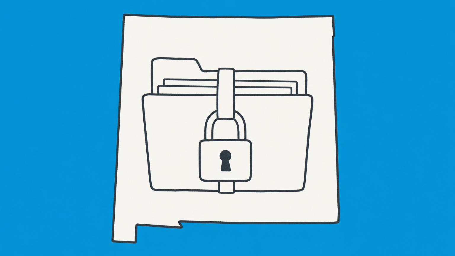 Flat illustration of a locked filing folder, a registered-agent mailbox, and a privacy screen representing an anonymous New Mexico LLC.