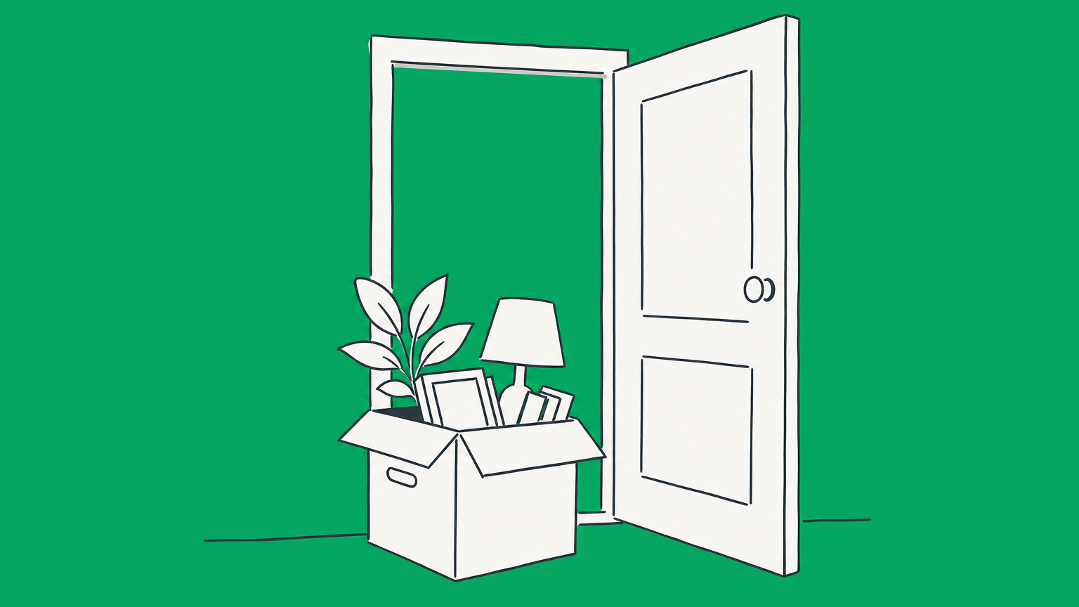 Flat illustration of a moving box leaving through an open door beside a removed court document, representing the two legal meanings of vacate the premises.
