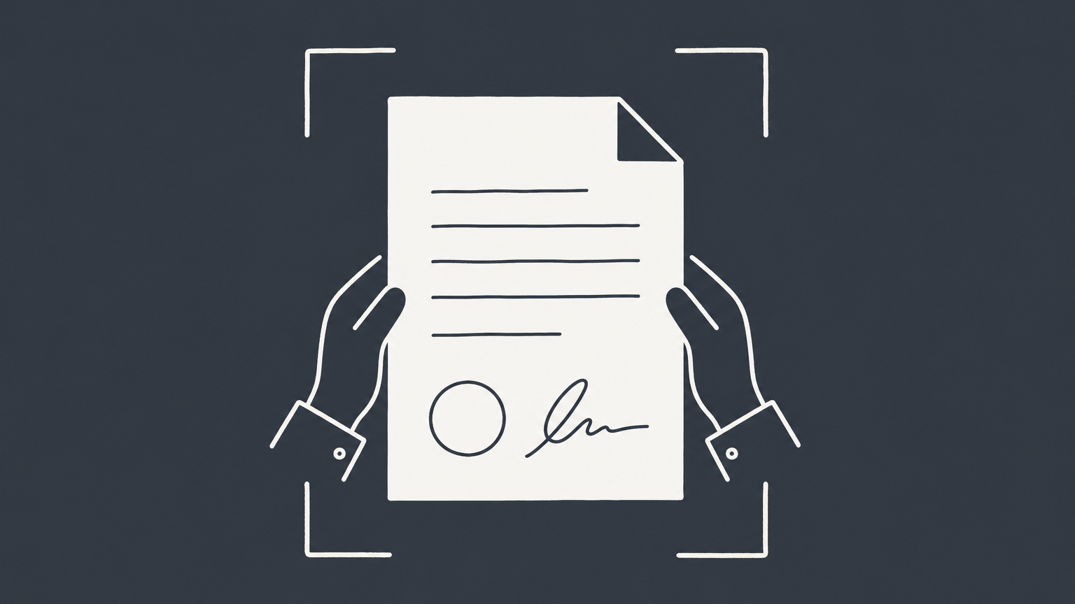 Flat illustration of a contract enclosed by four corner brackets with outside communications excluded, representing the four corners rule in contract law.