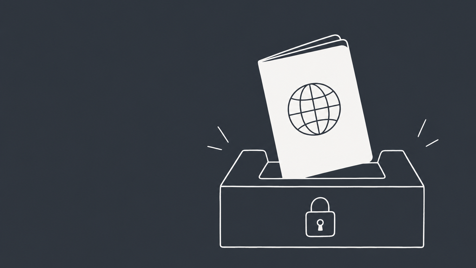 Flat illustration of a passport entering a document tray beside an application packet and empty chair to represent the H1B Dropbox interview-waiver process.
