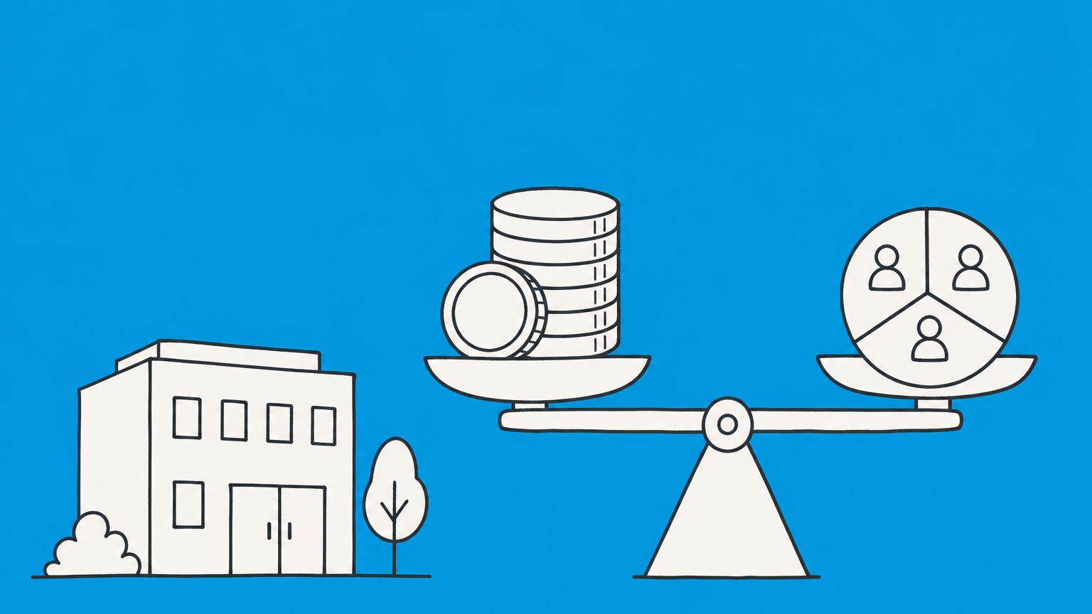 Flat illustration of a company balancing raised capital against divided ownership to represent why companies sell stock.