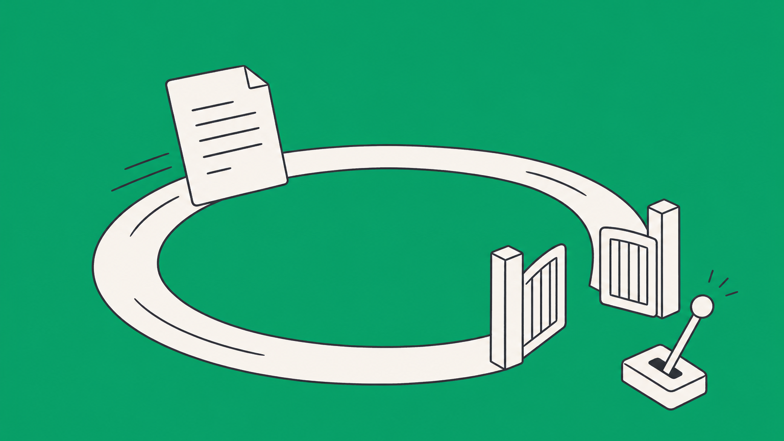 Flat illustration of a contract moving around a circular track with an exit gate, representing a perpetual agreement and its termination options.