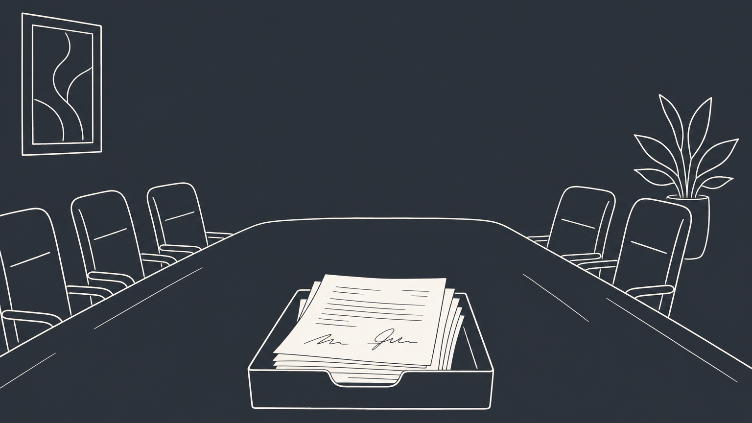 Flat illustration of signed pages entering a sealed box beside an empty boardroom table, representing DGCL 141(f) board action by written consent.