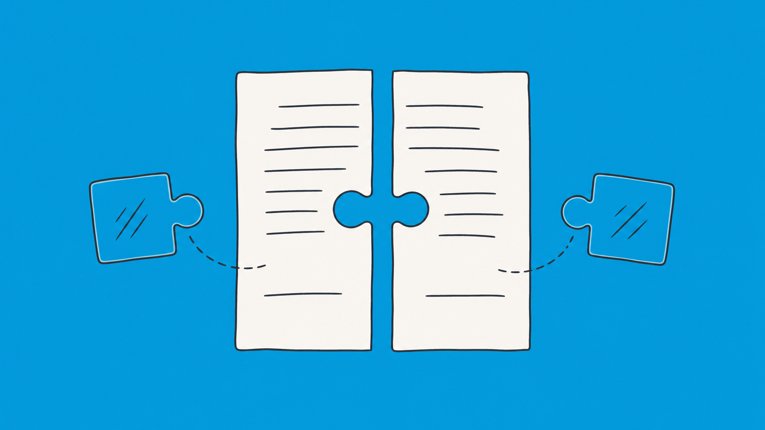 Flat illustration of two matching transparent puzzle pieces joining a contract sheet to represent acting in good faith.