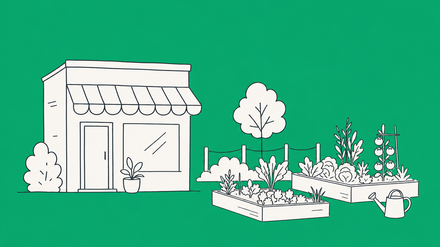 Flat illustration of a forked path between a member-owned storefront and a board-governed community garden representing LLC vs nonprofit structures.
