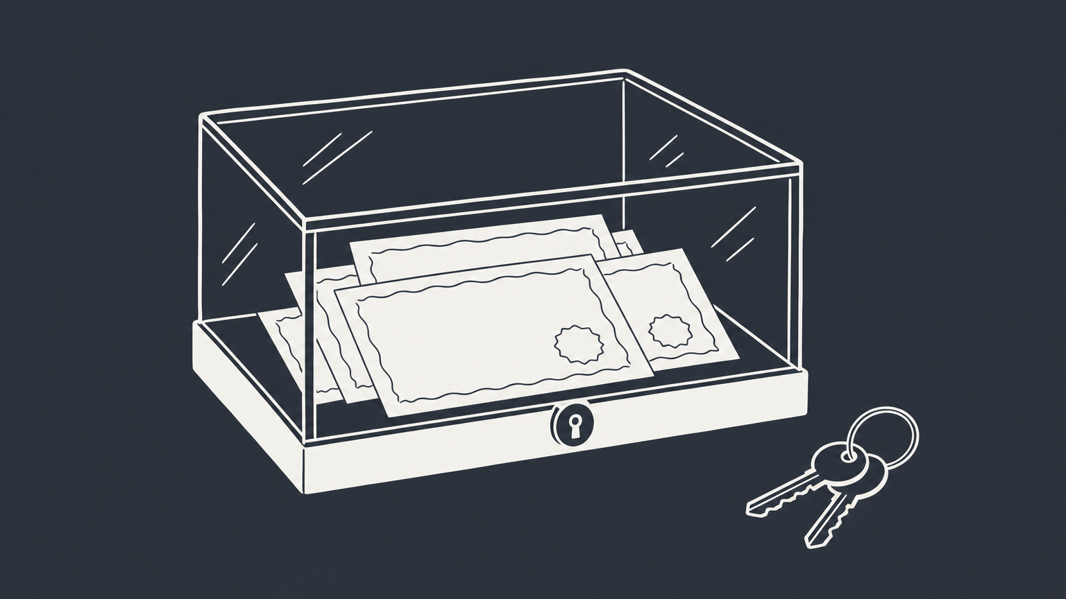 Flat illustration of share certificates secured inside a closed glass case to represent a private corporation.