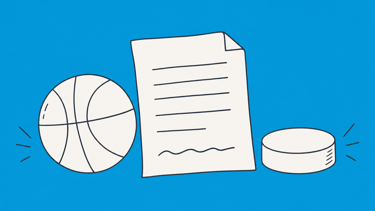 Flat illustration of a contract branching toward a basketball court and an ice rink to represent two-way contracts in the NBA and NHL.