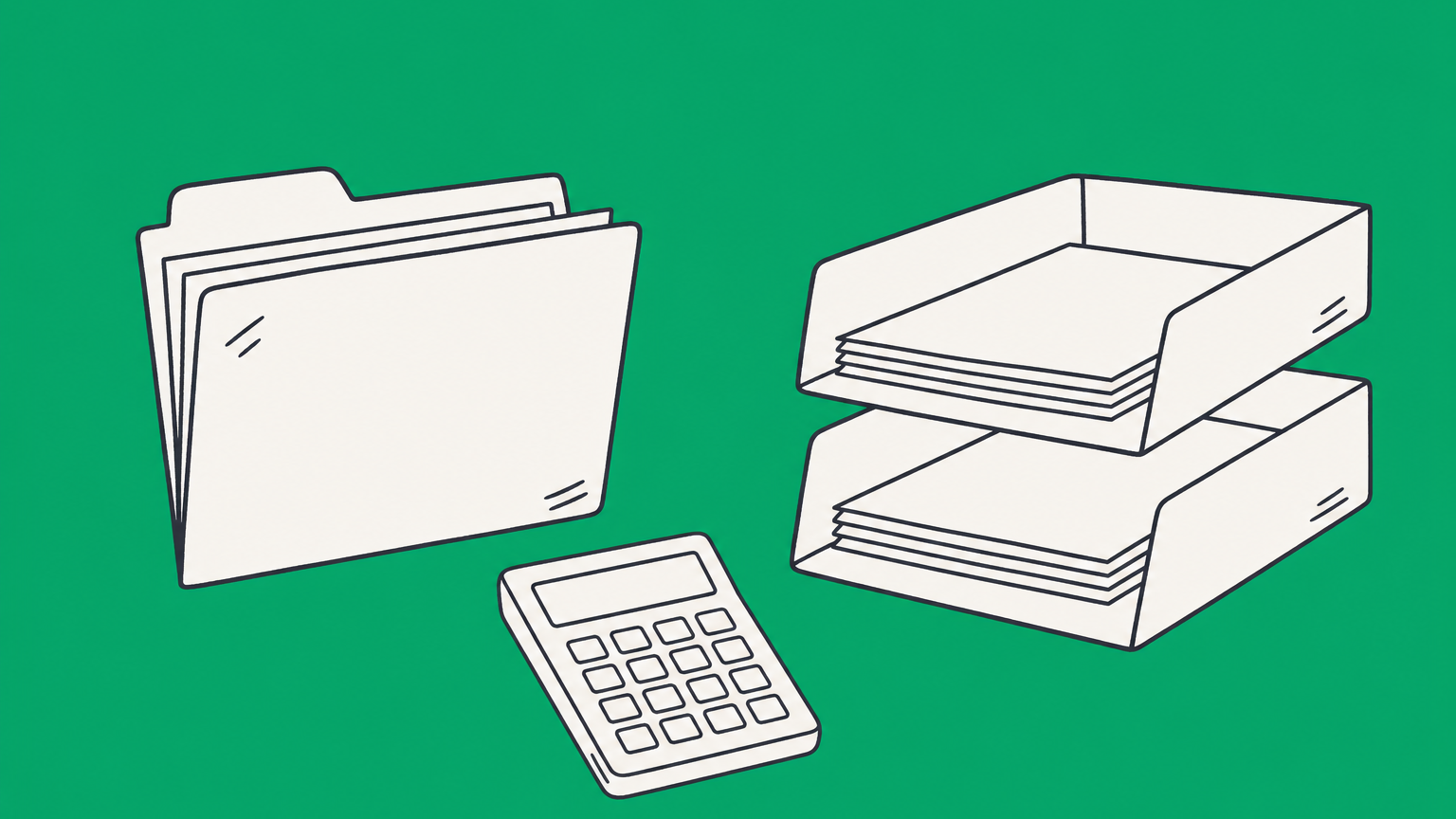 Flat illustration of a document folder, calculator, and two expense trays representing adjustment of status attorney fees and government filing costs.