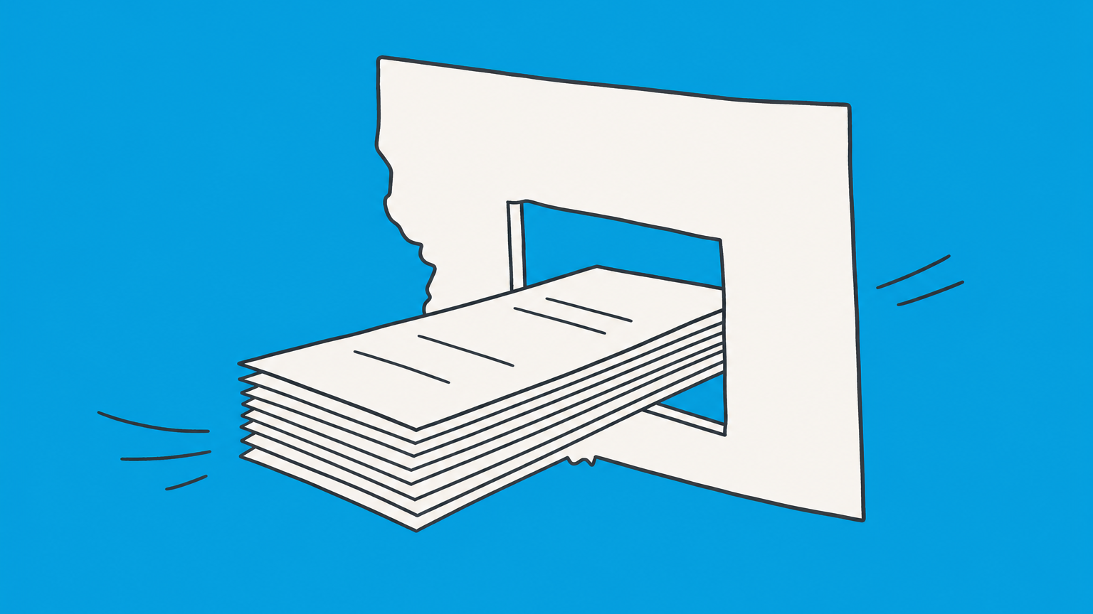 Flat illustration of business filing papers passing through a Colorado-shaped portal to represent Colorado business registration.