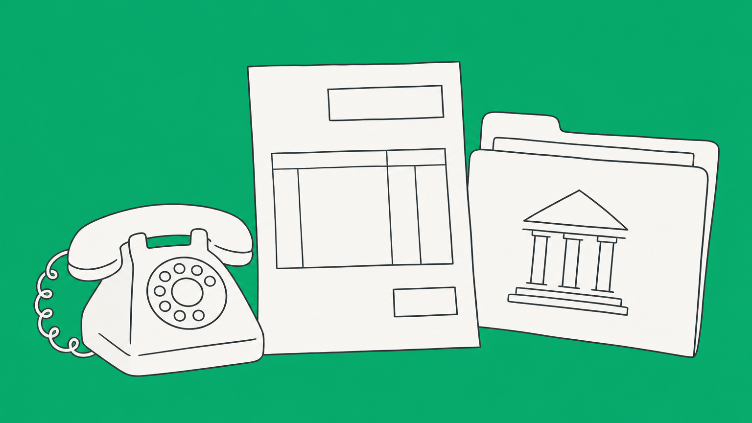 Flat illustration of a blank invoice moving through communication, negotiation, and legal review stages of commercial debt collection.