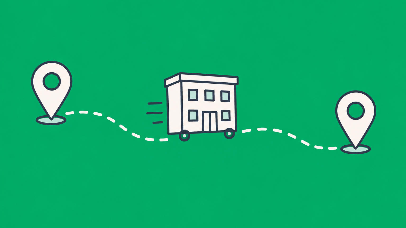 Flat illustration of a small office moving between map pins with a filing sheet, representing a California LLC address change.