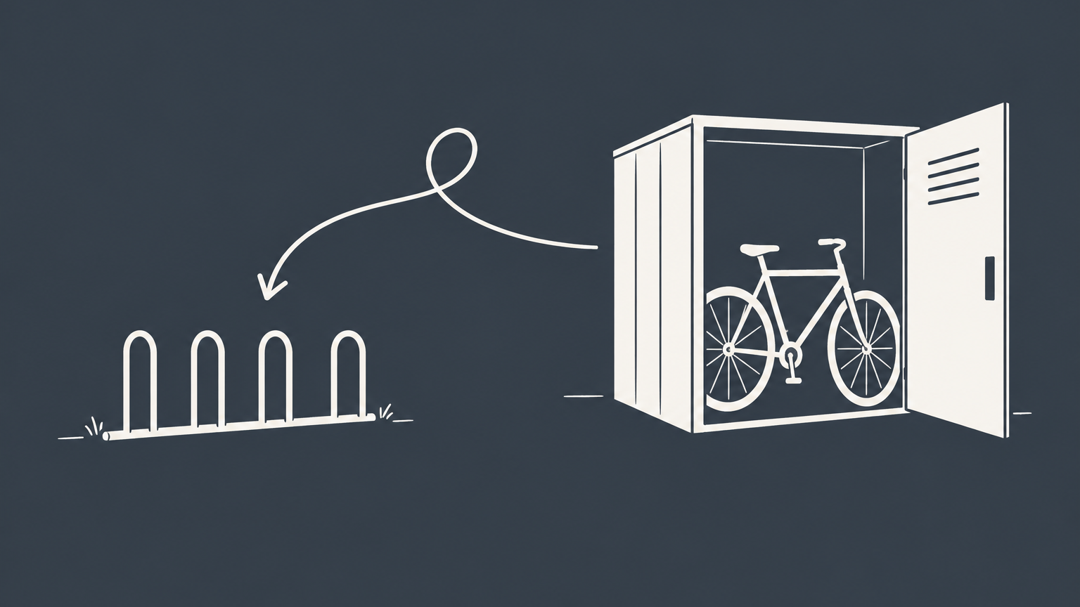 Flat illustration of a bicycle temporarily stored in a locker and returning to its rack to represent bailment of goods.