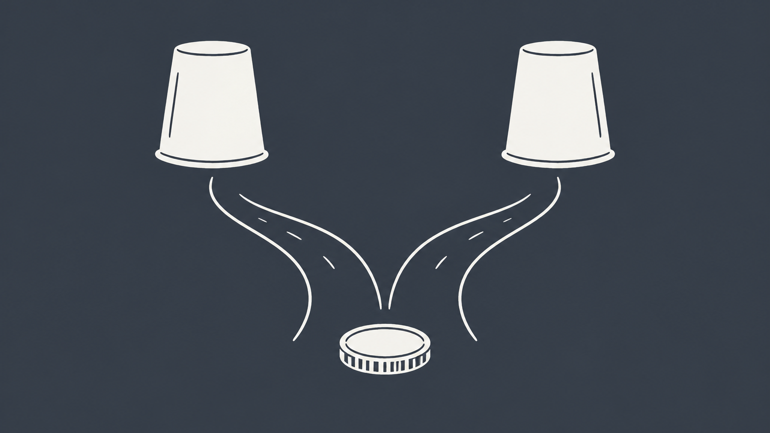 Flat illustration of a coin facing two uncertain paths beneath covered cups to represent wager meaning.