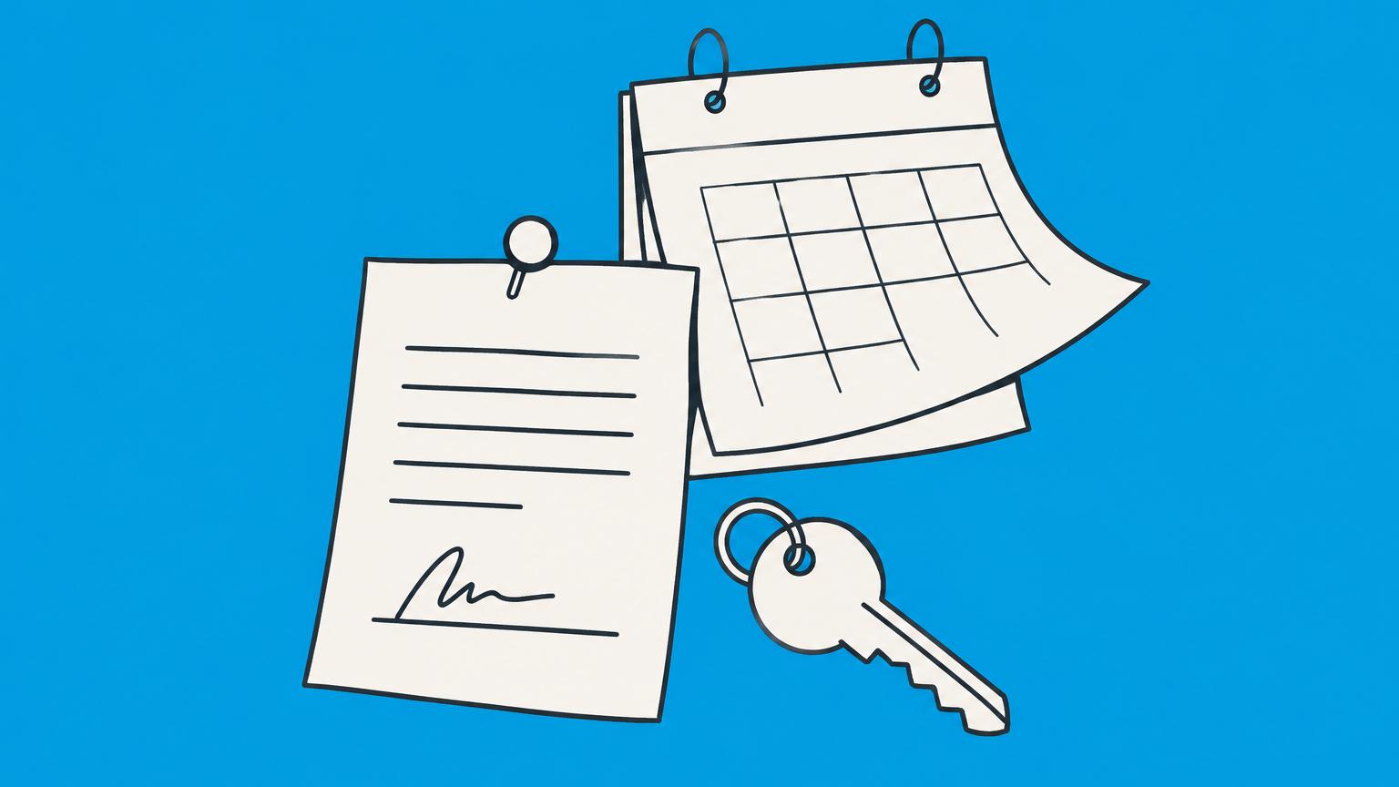 Flat illustration of a promissory note beneath a calendar with a house key, representing California promissory note enforcement deadlines.