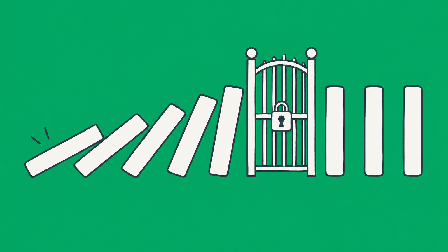 Flat illustration of falling dominoes stopped by a locked gate beside a path to a sprout, representing the definition and purposes of punishment in law.
