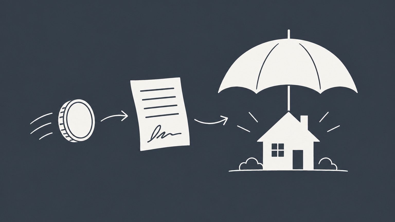 Flat illustration of a coin and policy sheet exchanged for umbrella protection, representing consideration in insurance.