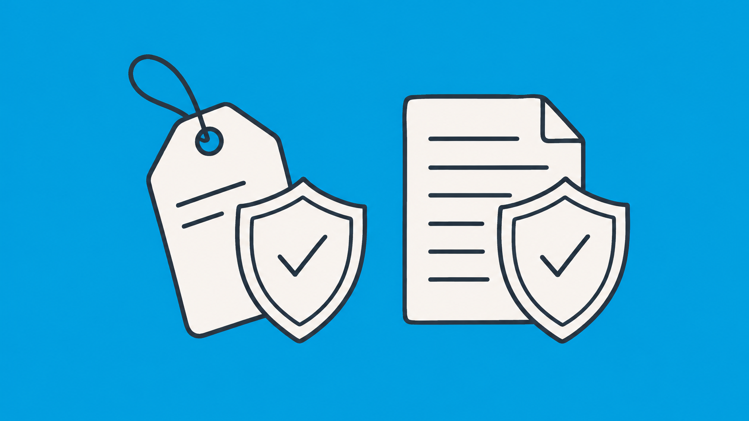 Flat illustration of two shields protecting brand identifiers and creative works to represent trademark vs copyright.