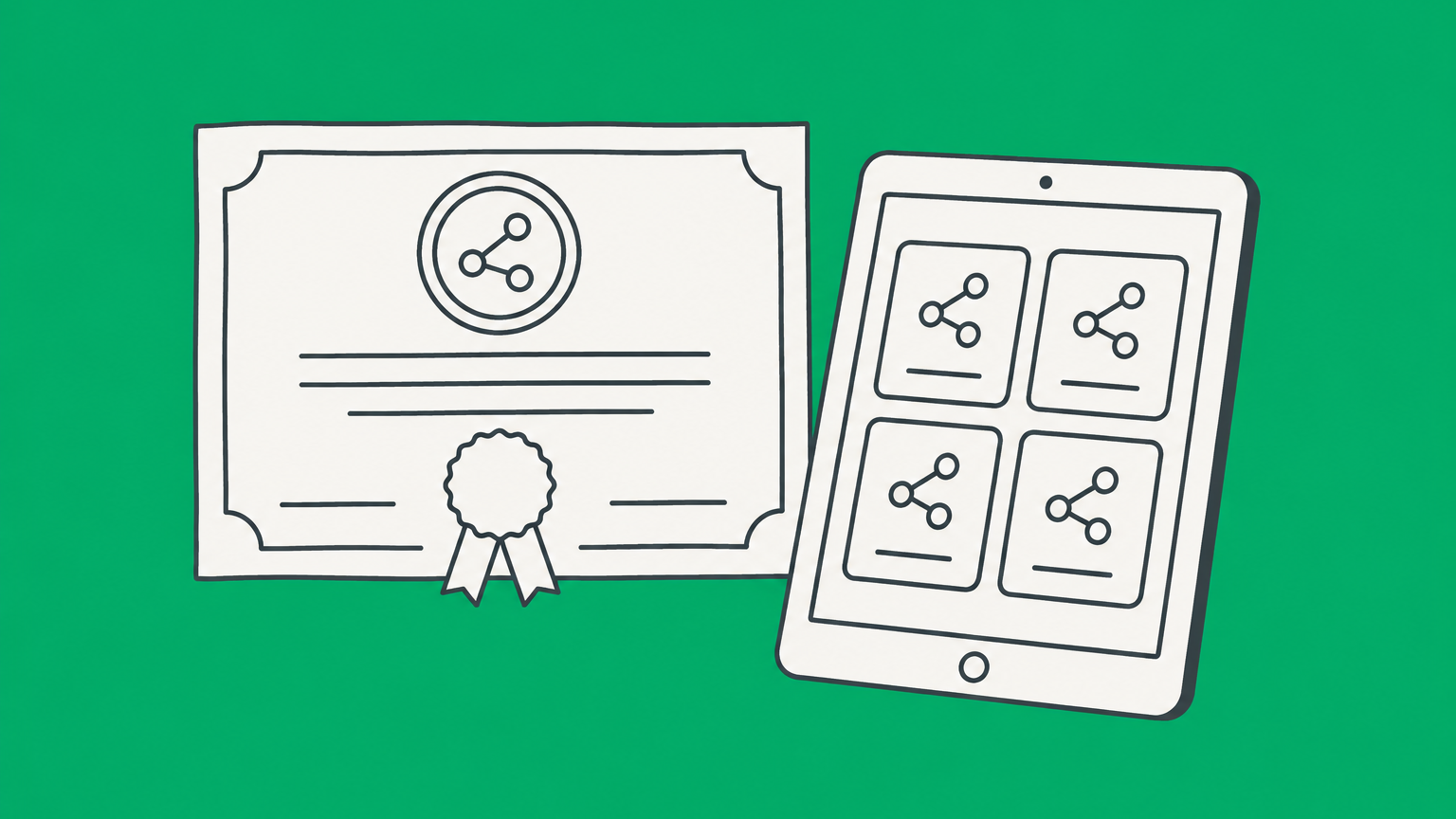 Flat illustration of a paper certificate becoming digital share tiles for selling shares without a broker.