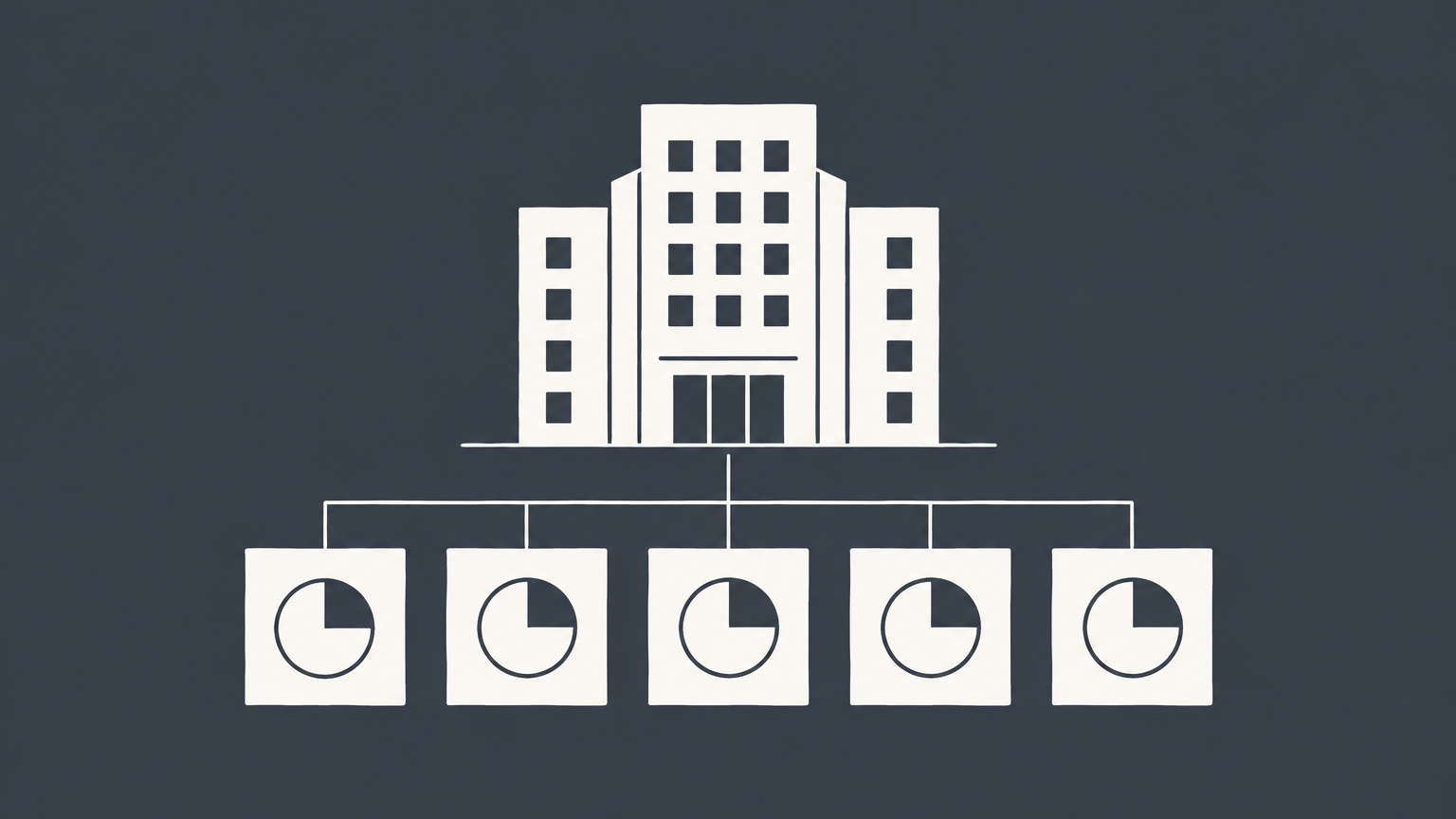 Flat illustration of a company value block passing through claim layers and dividing into equal tiles to represent implied share price.
