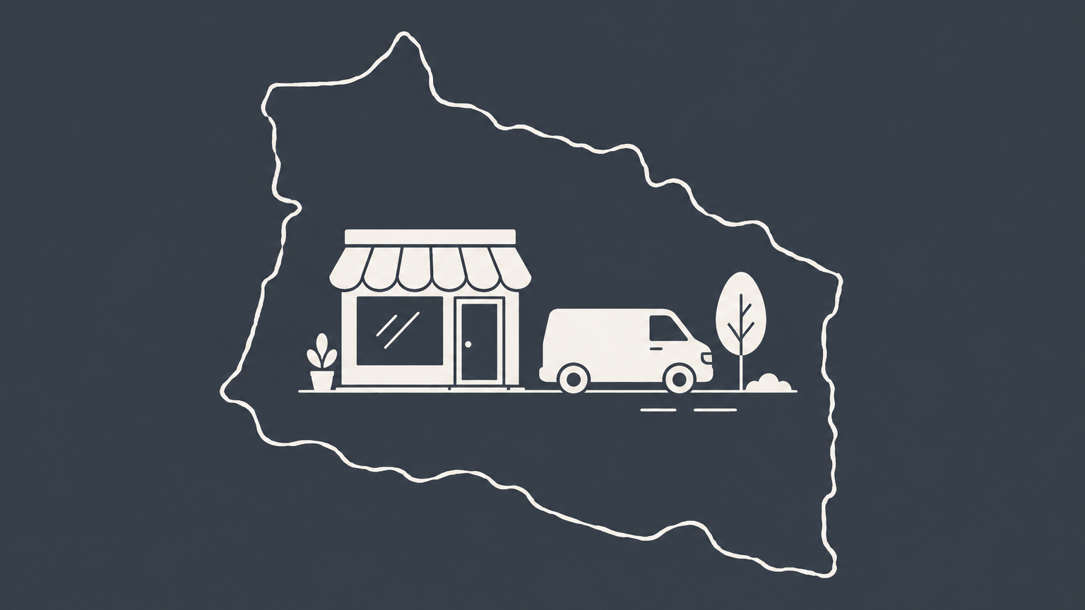 Flat illustration of a storefront and delivery van operating within one map boundary to represent a domestic business.