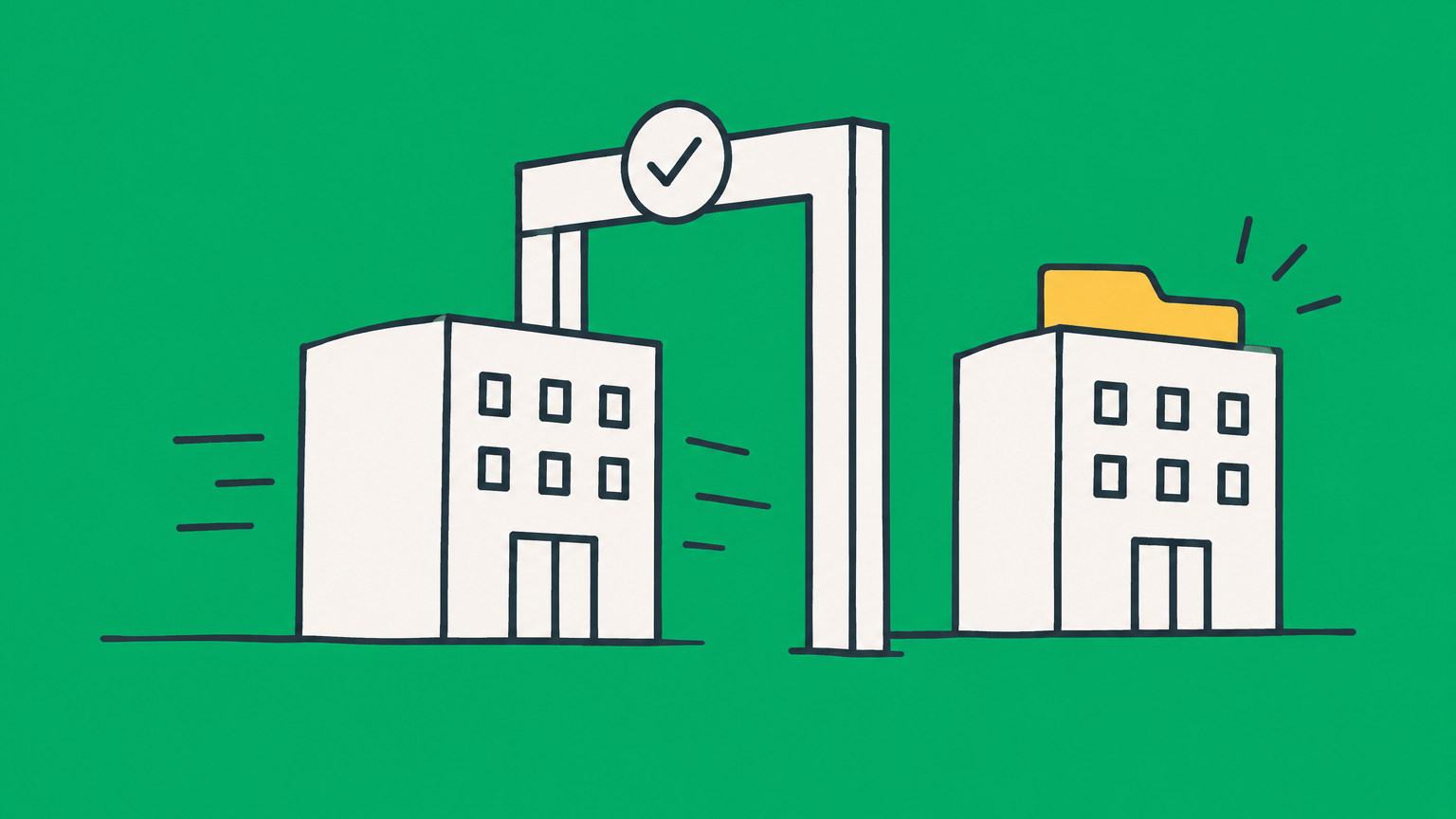Flat illustration of an unchanged company block receiving a new tax filing tab to represent changing an LLC to S corporation taxation.